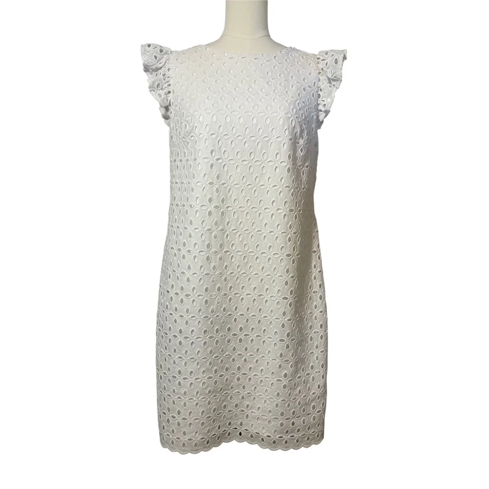 American Living White Eyelet Dress Women's Size 12 Ruffle Cap Sleeve Shift - Picture 1 of 15